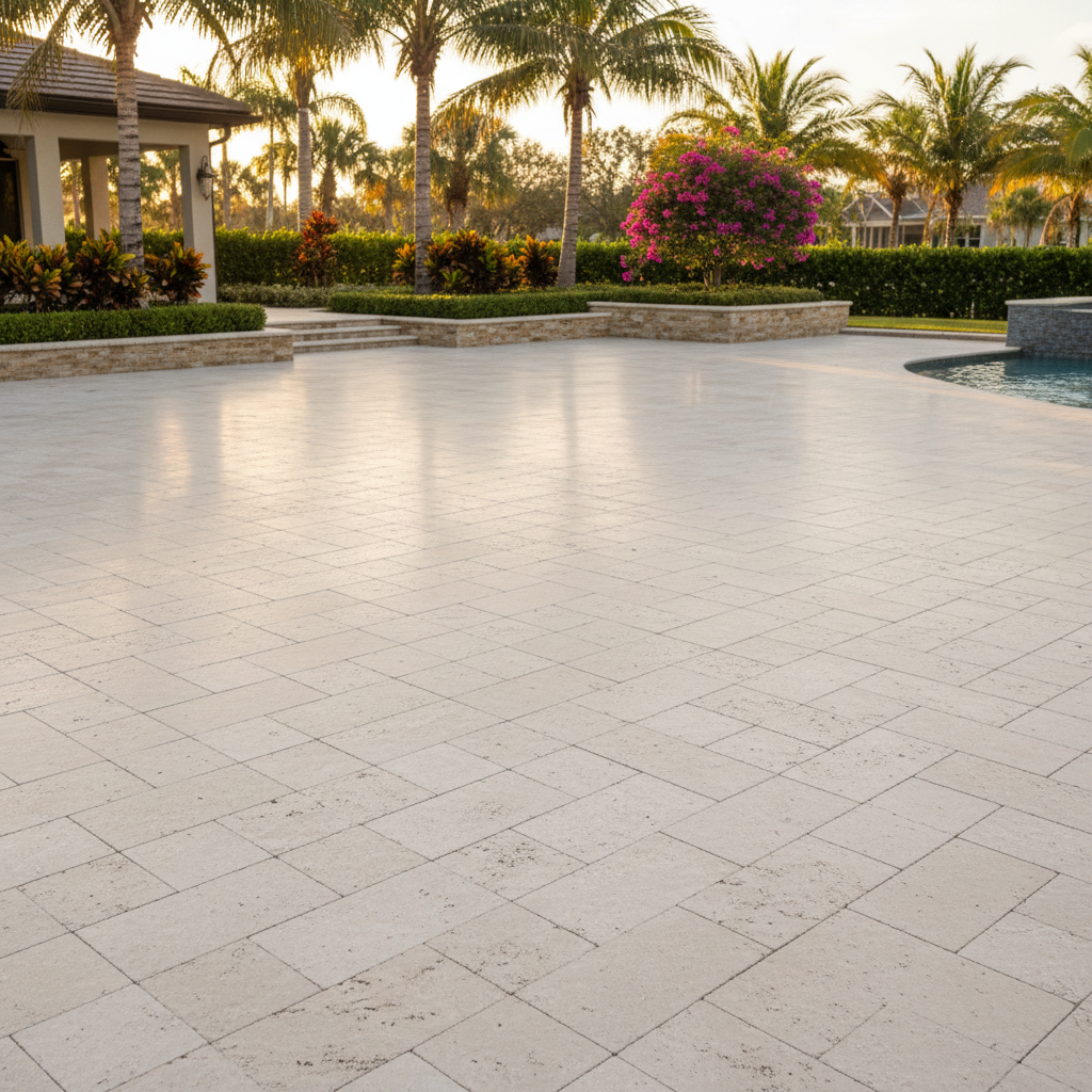 Immaculate travertine paver pool deck after a professional cleaning in Punta Gorda, Florida.