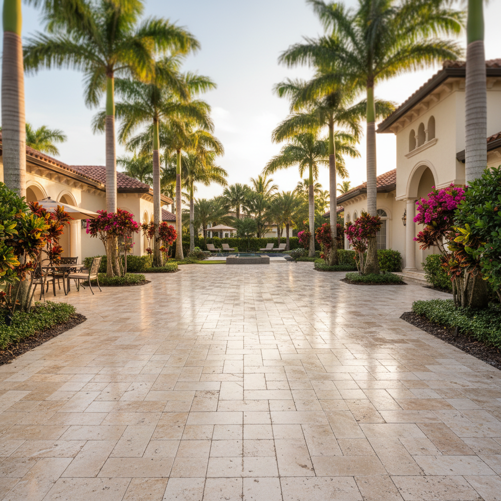 A recently sealed travertine driveway enhanced by professional paver sealing in Estero, FL.