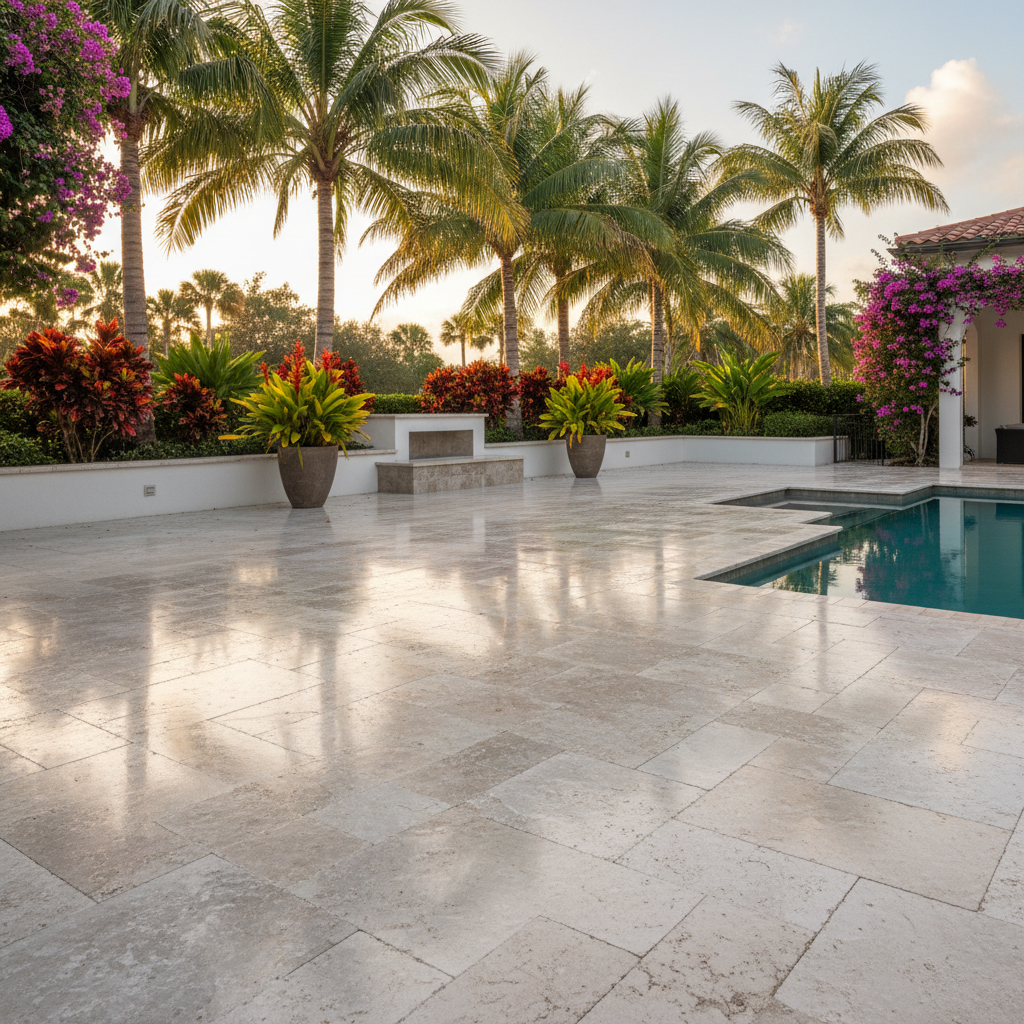 A beautifully restored and sealed travertine pool deck in a luxury Marco Island home, showcasing the benefits of professional paver sealing.