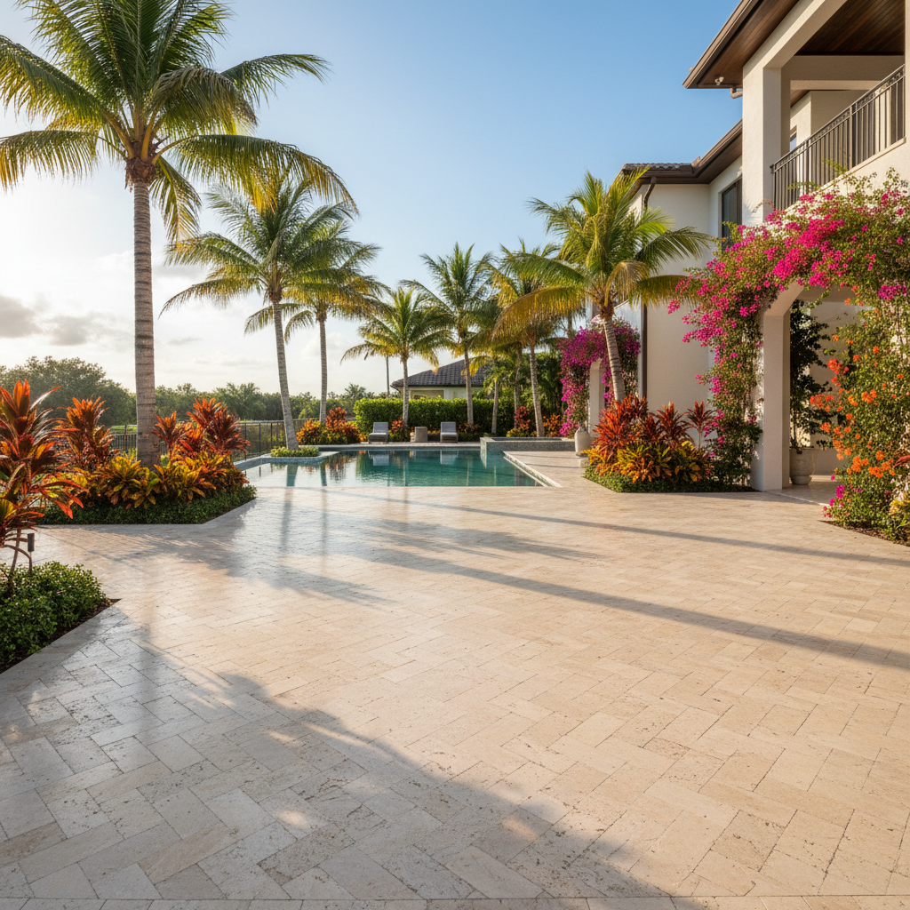 A professionally restored travertine paver pool deck in a luxury Fort Myers home, showcasing the results of expert pool deck restoration.