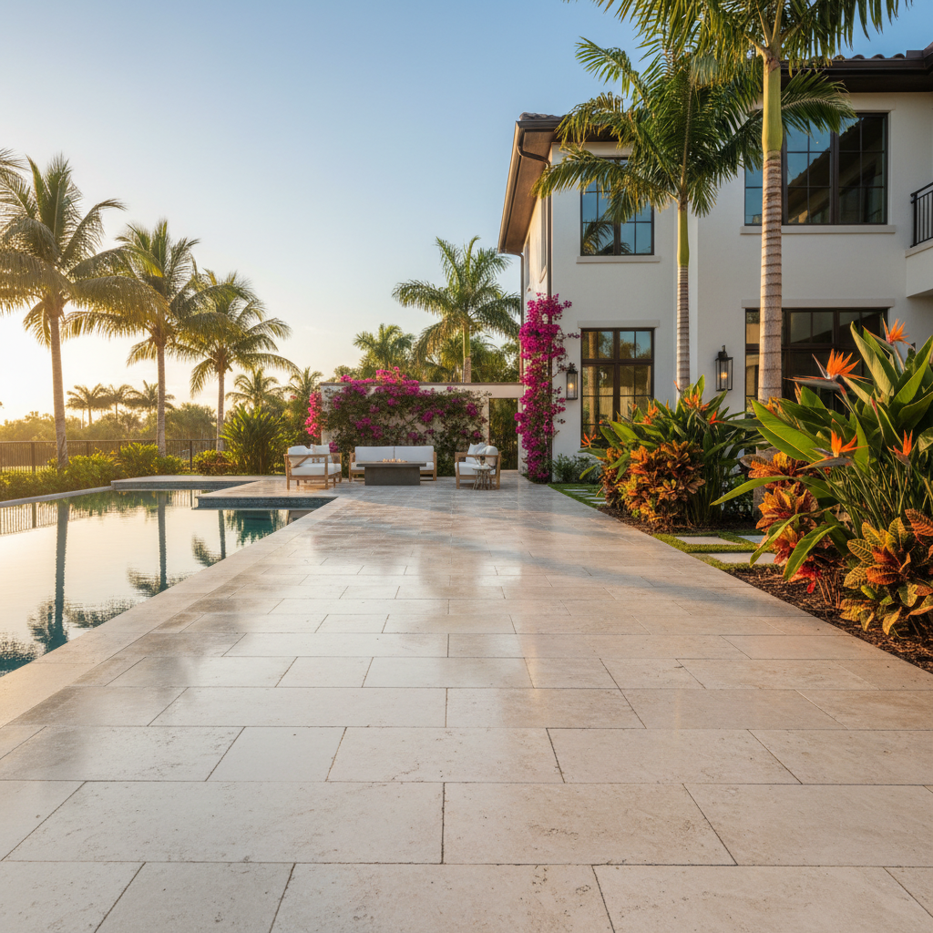A freshly sealed travertine pool deck in a luxury Bonita Springs home, looking clean and elegant.