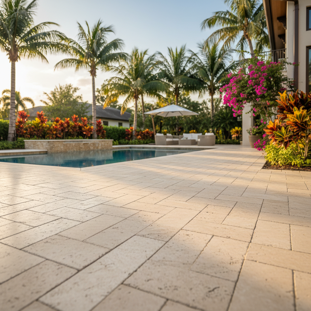 A pristine travertine pool deck after a professional sealing service in Bonita Springs, Florida.