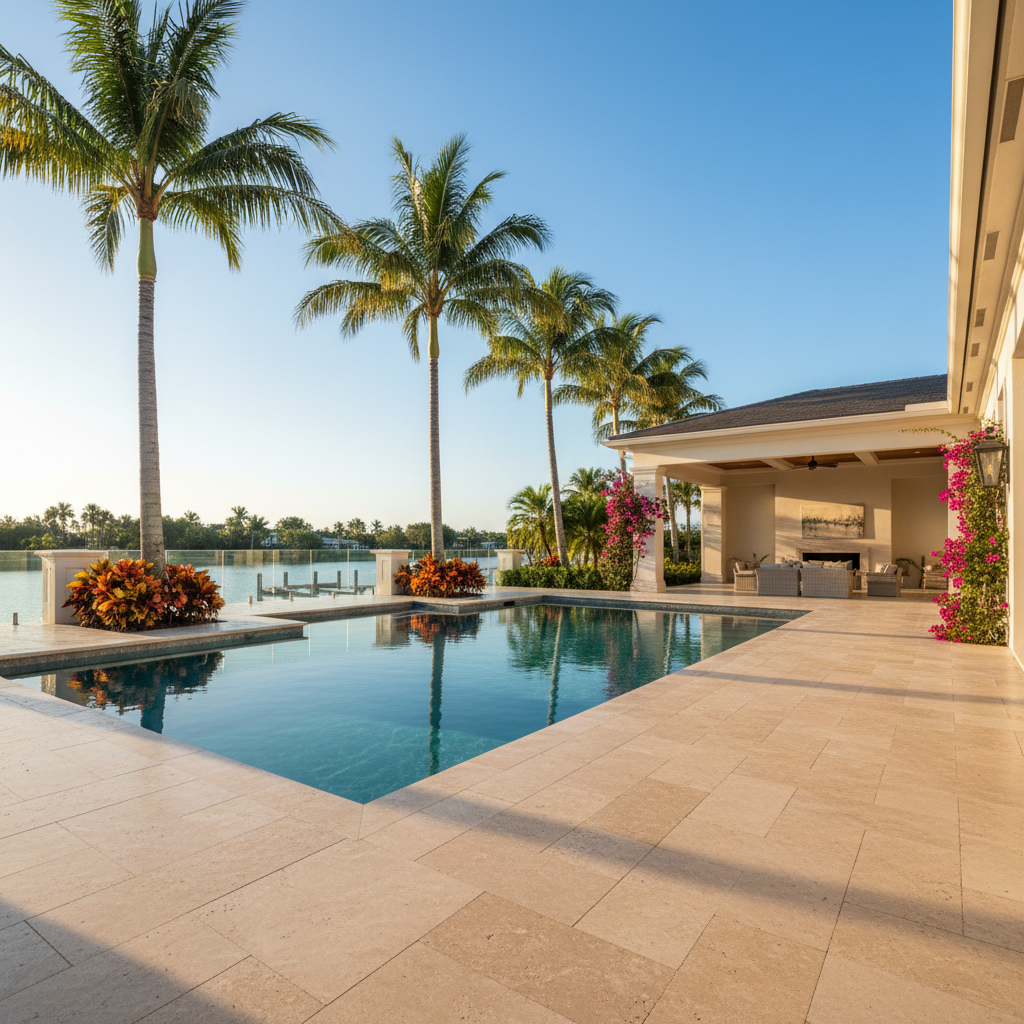 A pristine, newly sealed travertine pool deck at a luxury home in Cape Coral, FL.