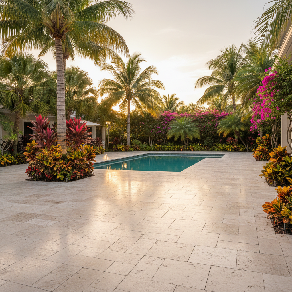 Pristine travertine pool deck after a professional sealing service in Naples, Florida.