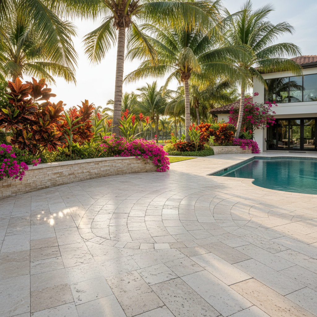 Newly sealed travertine pool deck after a professional restoration in Estero, FL.