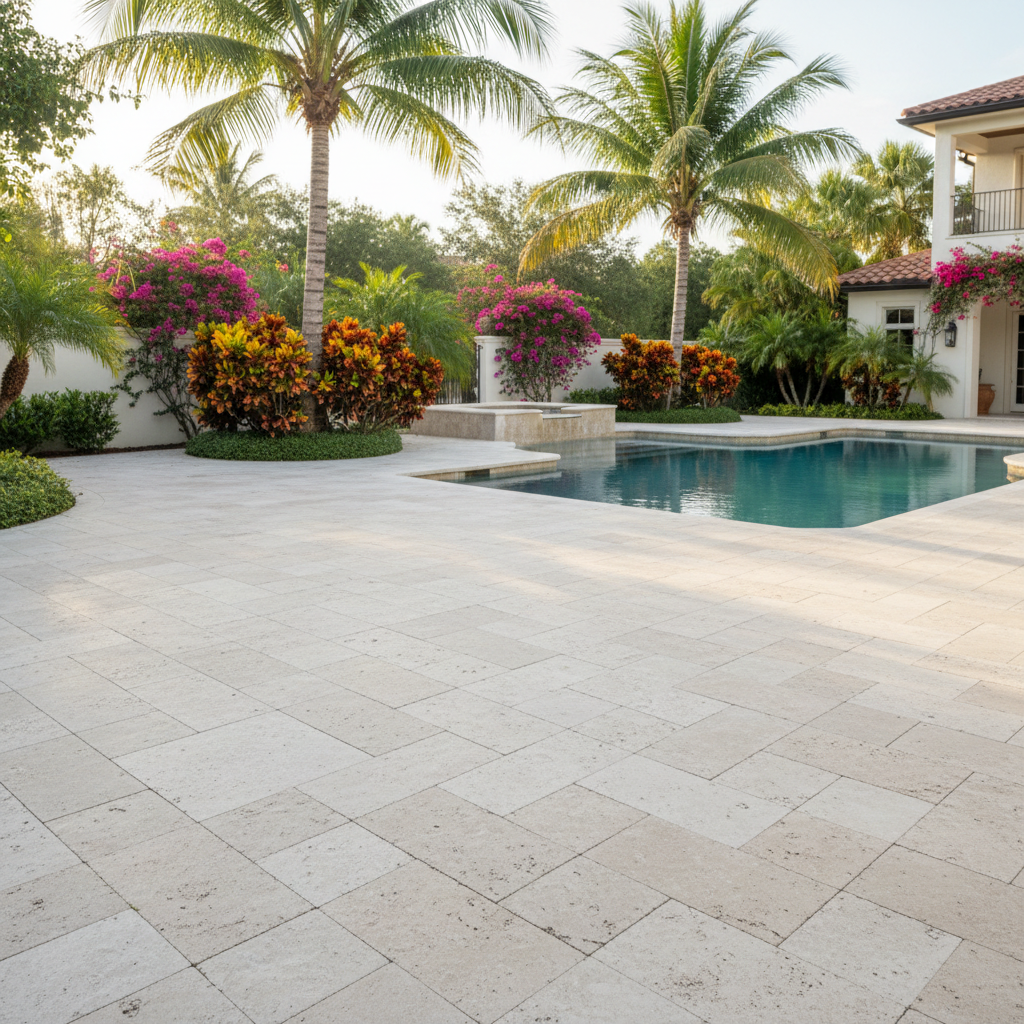 Pristine sealed travertine pool deck in Estero, Florida.