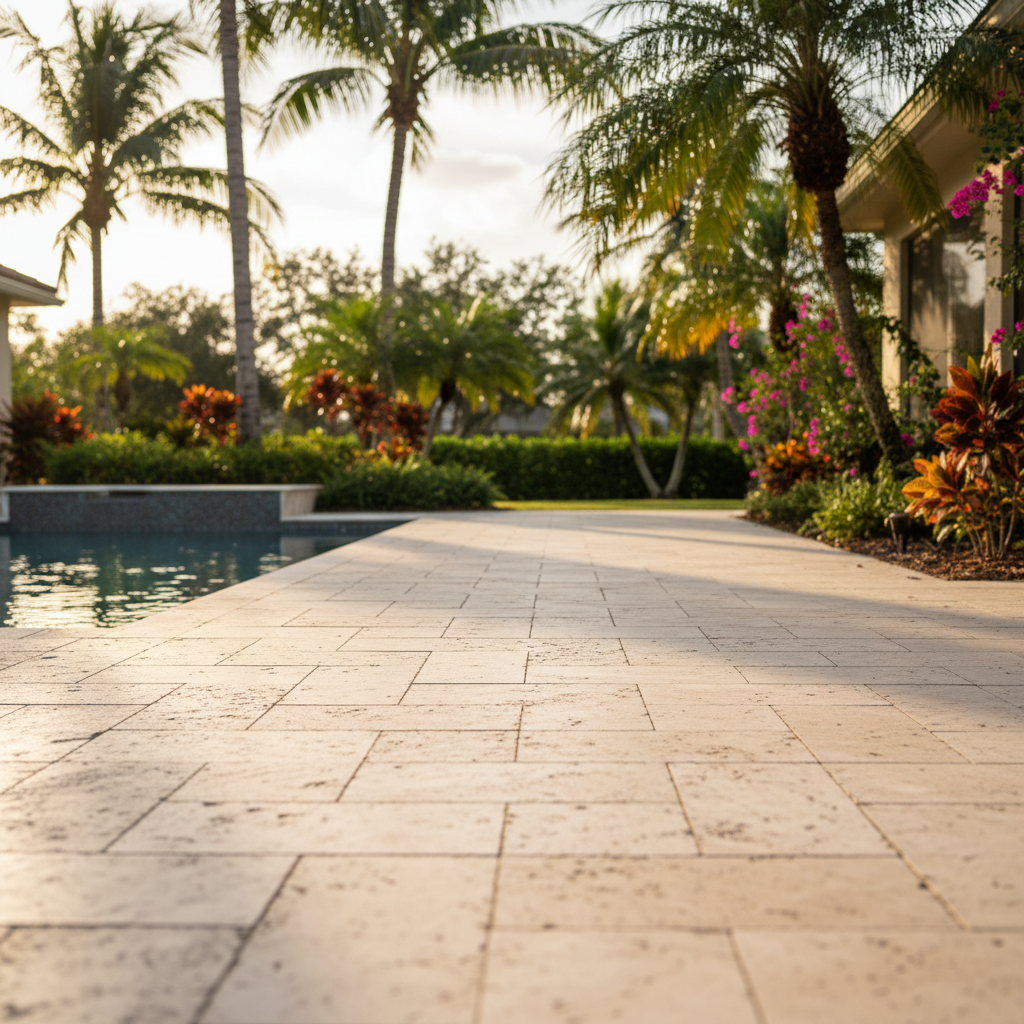 Pristine travertine pool deck after a professional sealing service in Fort Myers, FL.