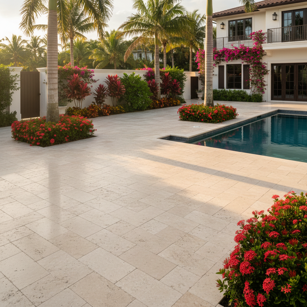 A pristine travertine pool deck after receiving professional travertine sealing service in Naples, FL.