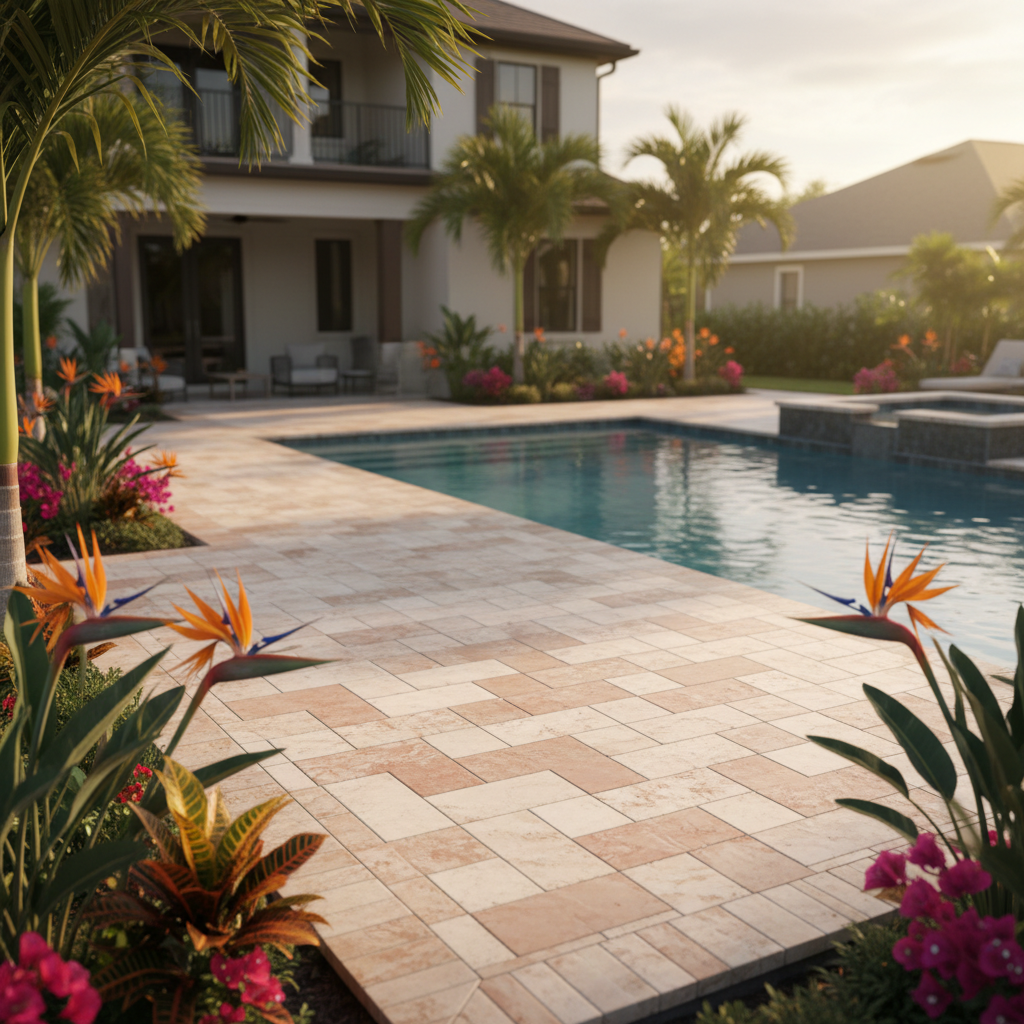 A beautifully sealed travertine pool deck in a luxury Lehigh Acres, FL residence, showcasing the results of professional travertine sealing.