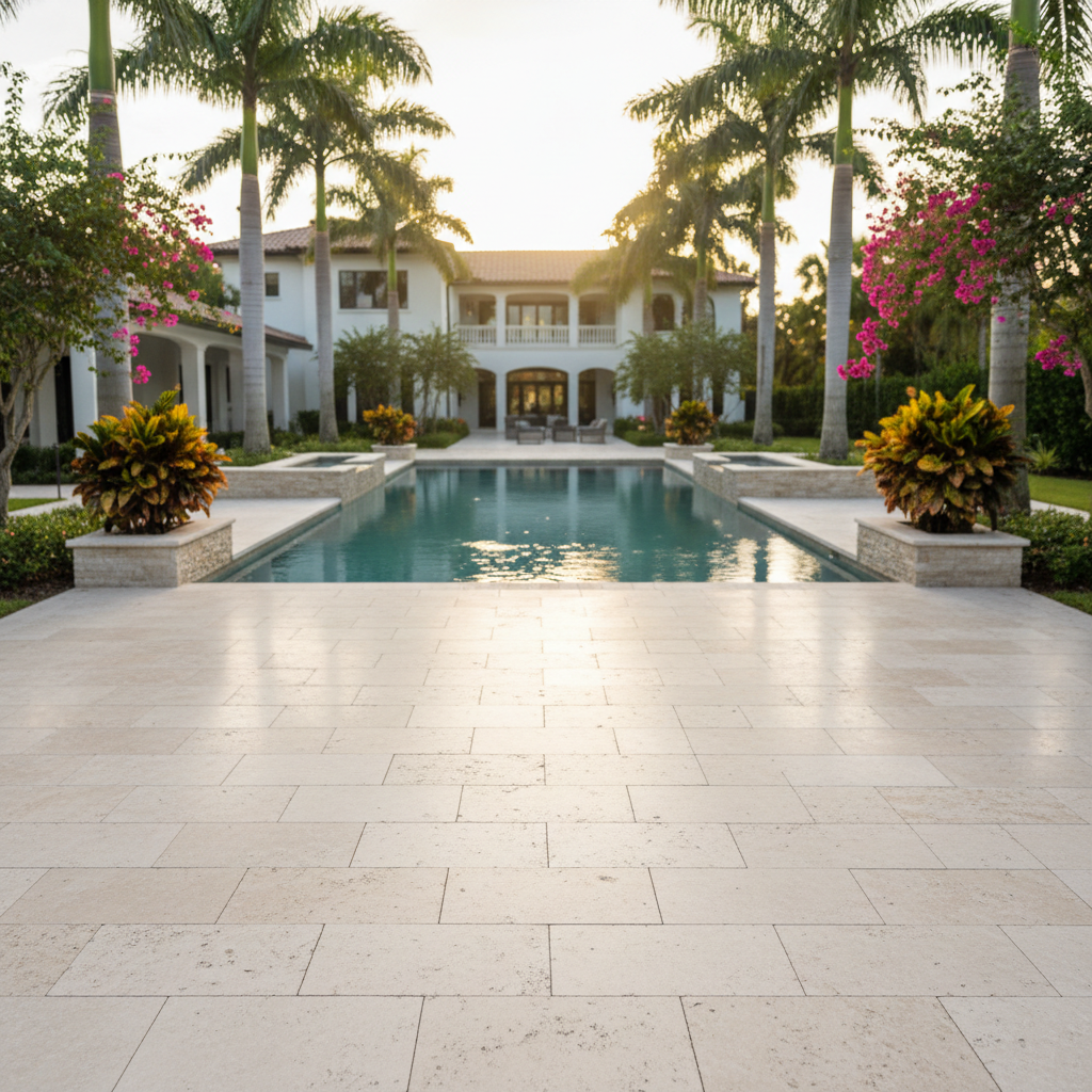 Pristine travertine pool deck after a professional sealing service in Marco Island, FL