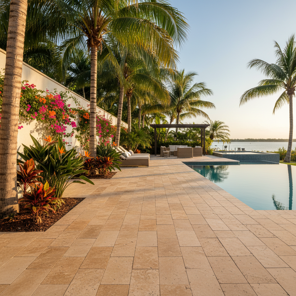 A beautifully sealed travertine pool deck in a luxury Marco Island home, showcasing our professional travertine sealing service.