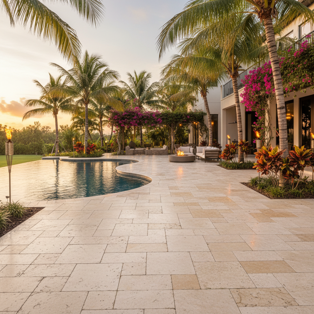 A pristine travertine pool deck after a professional sealing service in Marco Island, FL.