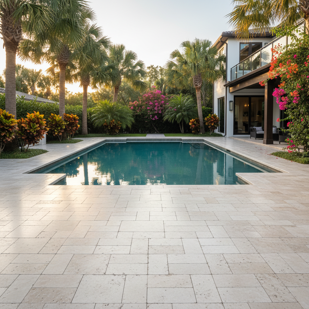 A pristine, newly sealed travertine pool deck at a luxury residence in Naples, FL.