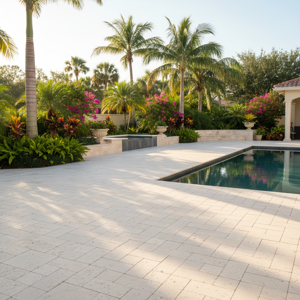 A pristine travertine pool deck after professional sealing service in Punta Gorda, FL.
