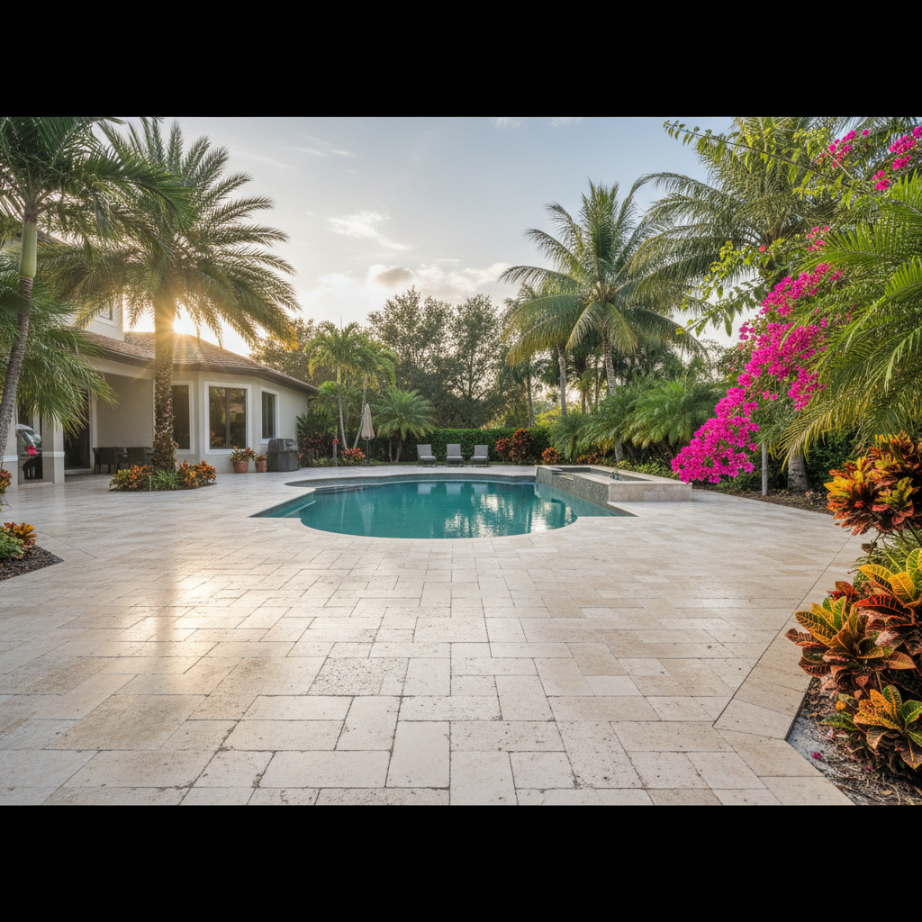 A newly sealed luxury travertine pool deck in Punta Gorda, FL, showcasing the results of a professional travertine sealing service.